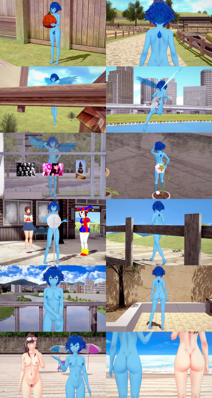 4girls ass barefoot beach blue_hair blue_skin blue_skinned_female breasts casual censored_to_uncensored clothed_female_nude_female completely_nude completely_nude_female crossover ema_skye female female_only fence flower gyakuten_saiban human koikatsu lapis_lazuli_(steven_universe) multiple_girls navel nipples nude nude_female nudist pale_skin pomni_(the_amazing_digital_circus) poster public pumpkin pussy retropunch sakura_kasugano school_uniform short_hair steven_universe street street_fighter sunglasses_on_head the_amazing_digital_circus