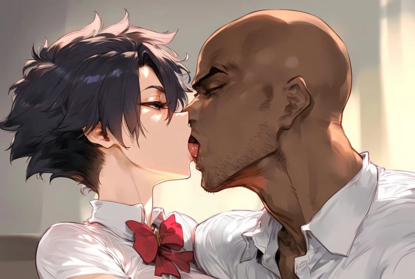 1boy ai_generated black_hair bleach dark-skinned_male dark_skin french_kiss gigantic_breasts huge_breasts interracial kissing light-skinned_female light_skin massive_breasts muscular_male nakatori nude nude_male red_eyes school_uniform schoolgirl short_hair shounen_jump squatting straight sweat sweatdrop tatsuki_arisawa tomboy voluptuous voluptuous_female