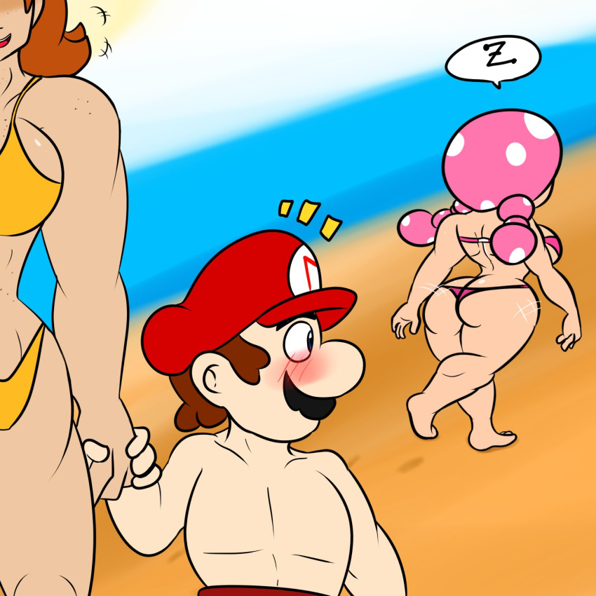 1boy 2girls ass beach blush bubble_butt female male mario mario_(series) princess_daisy soulyagami64 toadette