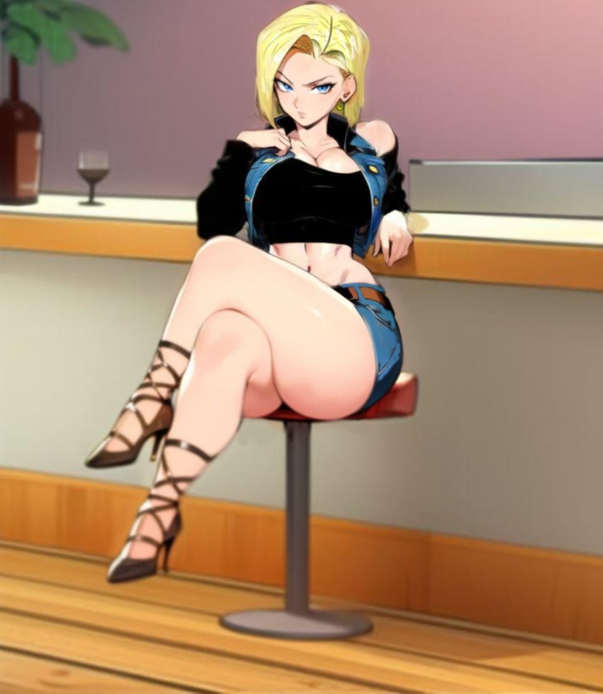 1girls ai_generated android_18 bad_bitch bar bare_legs bare_shoulders big_breasts big_tits blackroga blonde_hair blue_eyes clothed dragon_ball dragon_ball_z edit edited female_focus female_only heroine high_heels indoors kame_house legs_crossed looking_at_viewer milf sexy short_skirt skirt thick_legs voluptuous