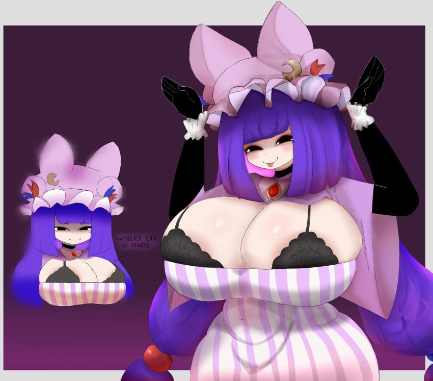 1girls big_breasts black_bra black_eyes blush bra breasts breasts_bigger_than_head cleavage english_text hat konkon_patchouli_(crr001) looking_at_viewer nana_enjoyer patchouli_knowledge purple_hair smile solo_female text tongue tongue_out touhou