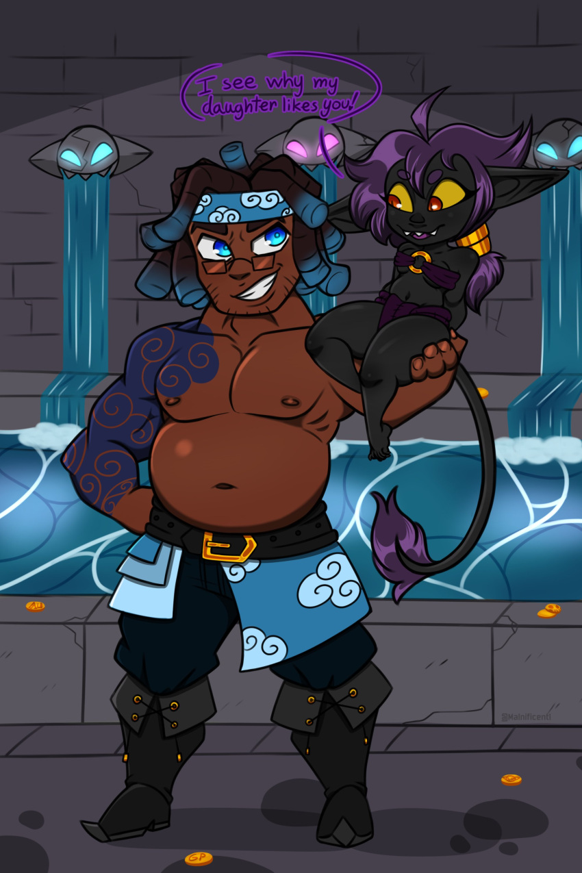 1boy 1girl african_male black_skin dark-skinned_female dark-skinned_male feet female goblin goblin_female interspecies mala-na malnificent monster monster_girl purple_hair shortstack