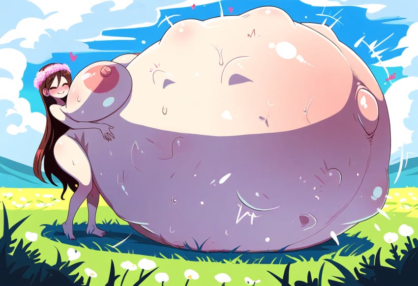 ai_generated barefoot brown_hair closed_eyes cute_smile field flower_wreath flowers full-face_blush full_body gigantic_belly gigantic_breasts hand_on_belly happy hyper_breasts hyper_pregnancy long_hair novelai pregnant smile stable_diffusion standing thighs