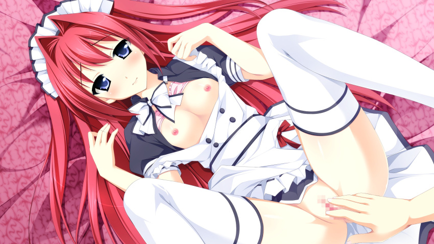 blue_eyes blush breasts cameltoe female game_cg kimishima_ao maid ootori_rena otome_ga_tsumugu_koi_no_canvas otome_ga_tsumugu_koi_no_canvas_futari_no_gallery pussy red_hair thighhighs white_legwear