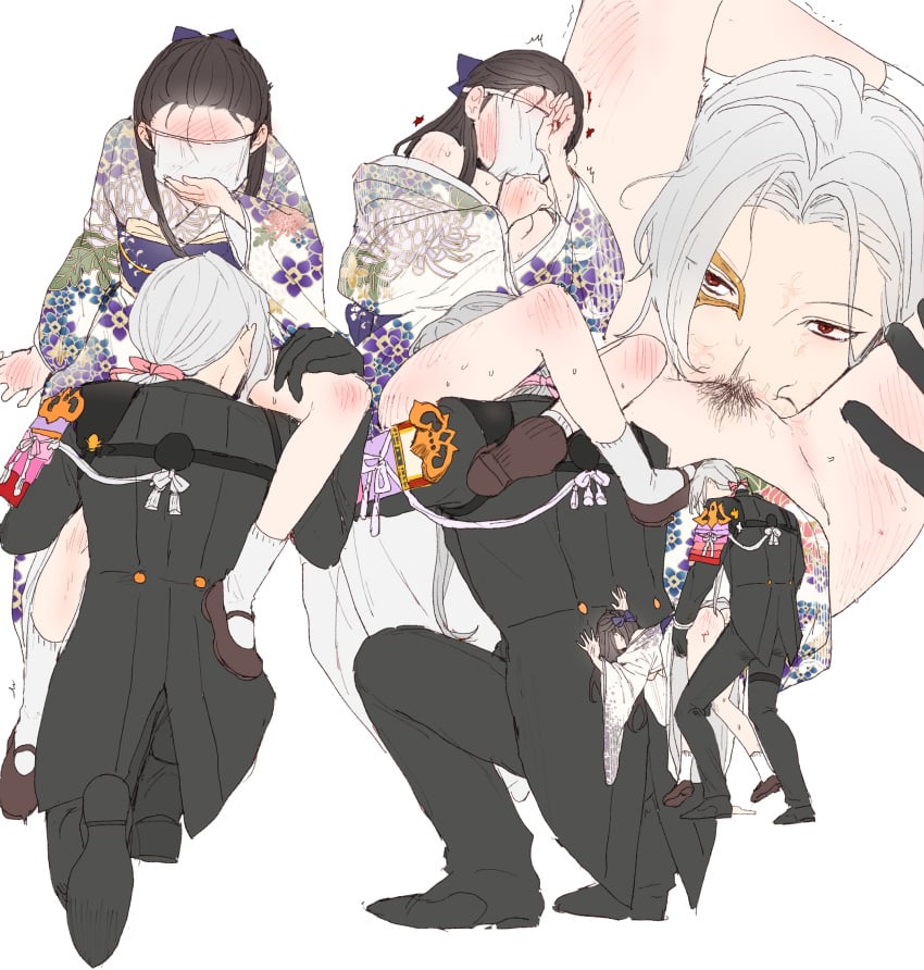 1boy black_coat brown_hair character_request coat commentary_request cunnilingus dal-gi faceless faceless_female female female_pubic_hair female_saniwa_(touken_ranbu) grey_hair highres japanese_clothes kimono korean_commentary leg_lock long_hair low_ponytail multiple_views oral pubic_hair red_eyes simple_background squatting straight touken_ranbu vaginal_penetration white_background