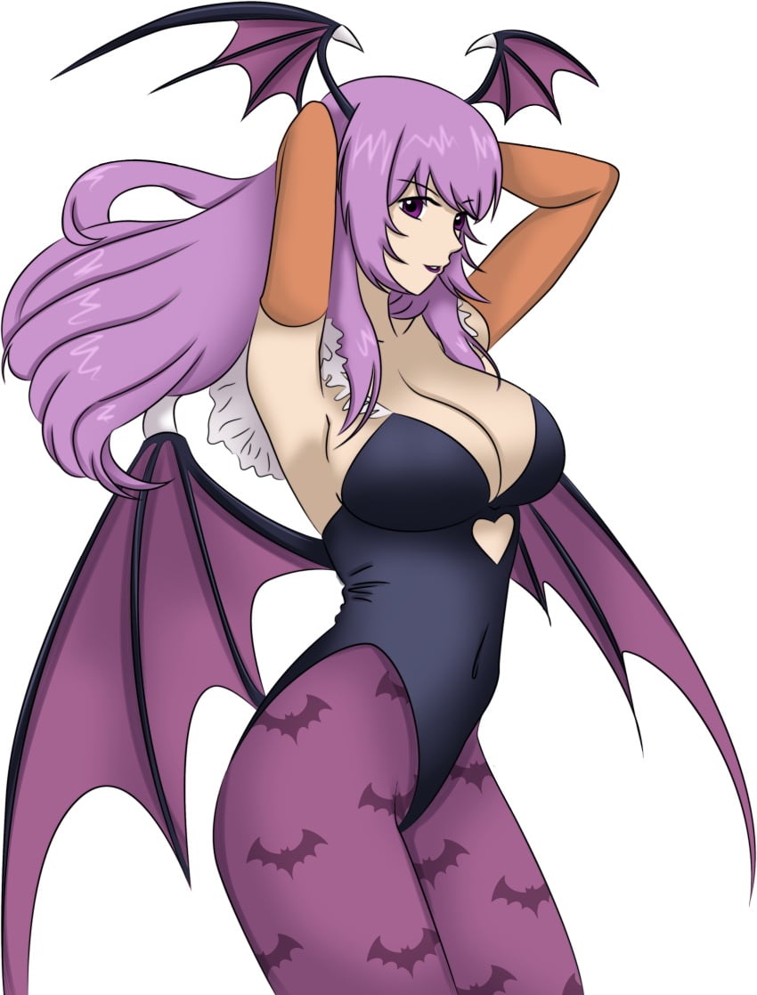 arms_behind_back bat_print bat_wings breasts capcom circe_(sayo-tr) cleavage cosplay covered_navel curvaceous curvaceuous darkstalkers female large_breasts leotard mature_female milf morrigan_aensland morrigan_aensland_(cosplay) no_watermark original original_character pantyhose purple_eyes purple_hair sayo-tr skimpy_clothes skin_tight smile solo tagme transparent_background wings