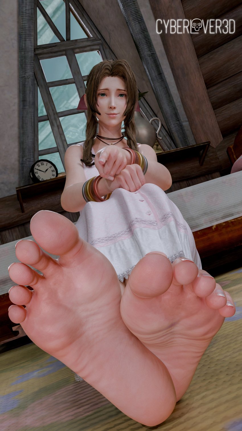 3d aerith_gainsborough barefoot clothed clothed_female clothing cyberlover3d feet final_fantasy_vii foot_fetish soles toes