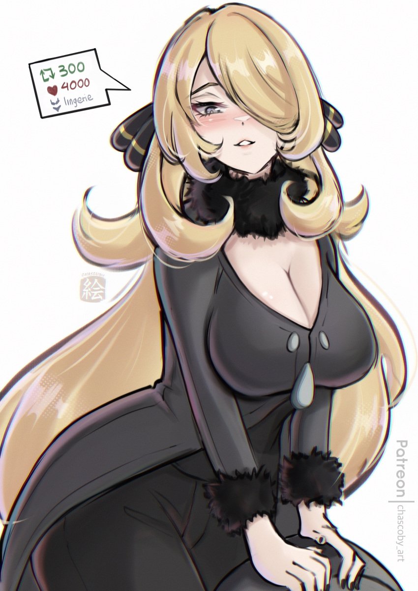 1girls absurdres artist_name black_coat black_pants black_shirt blonde_hair breasts chascoby cleavage coat cowboy_shot creatures_(company) cynthia_(pokemon) female game_freak grey_eyes hair_over_one_eye highres large_breasts long_hair meme nintendo pants pokemon pokemon_dppt shirt simple_background solo twitter_strip_game_(meme) very_long_hair white_background