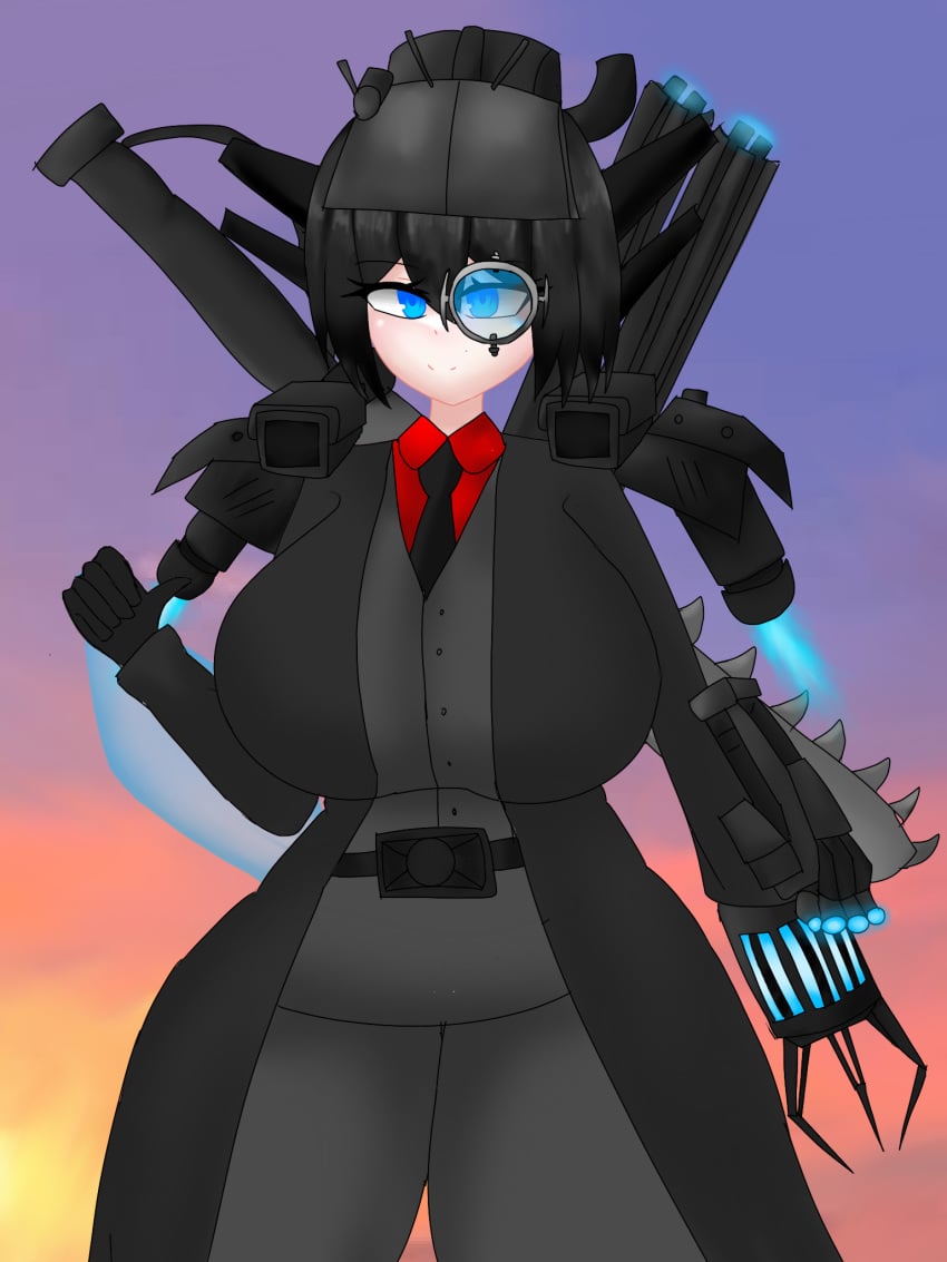 big_breasts black_hair black_suit blue_eyes fred_(skibidi_toilet) gravity_gun jetpack large_cameraman_(skibidi_toilet) miss_moji necktie red_shirt shield skibidi_toilet sky_background thick thumbs_up