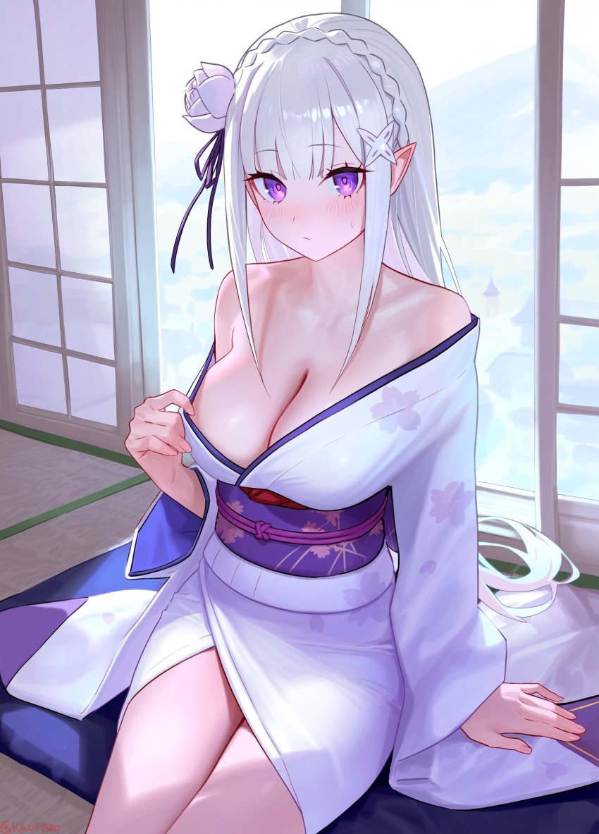 1girls blush breasts breasts breasts_focus cleavage elf elf_ears elf_female elf_girl emilia_(re:zero) exposed_shoulders japanese_clothes looking_at_viewer on_floor purple_eyes re:zero_kara_hajimeru_isekai_seikatsu silver_hair sitting solo solo_female thighs yukata