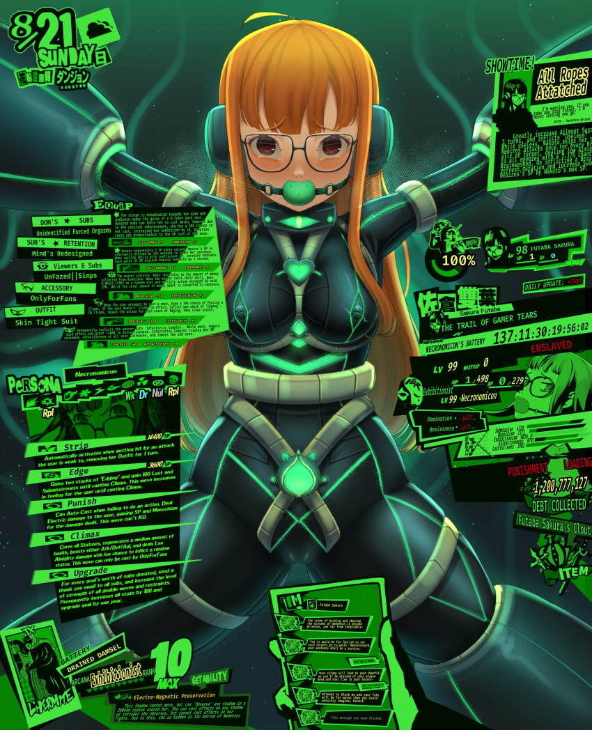 2d 2d_(artwork) ball_gag bondage bondage bondage_gear bondage_outfit bound cute cute_face female female_focus female_only gag gagged light-skinned_female light_skin looking_at_viewer orange_hair persona persona_5 petite petite_body petite_female red_eyes sakura_futaba text thick_thighs thighs