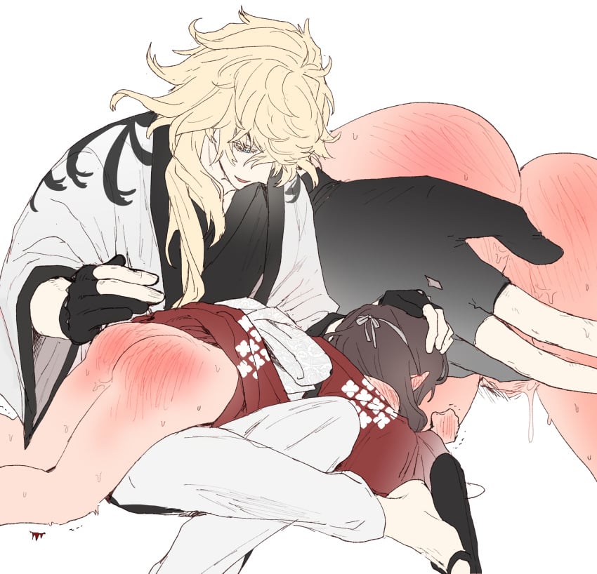 1boy ass black_gloves blonde_hair brown_hair commentary_request dal-gi female female_saniwa_(touken_ranbu) gloves highres ichimonji_norimune japanese_clothes kimono korean_commentary long_hair partially_fingerless_gloves pussy_juice simple_background slap_mark spanked spanking straight touken_ranbu white_background