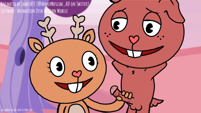 animated anthro canid canine canis deer domestic_dog duo fan_character female genitals handjob happy happy_sex happy_tree_friends hi_res humanoid_genitalia humanoid_penis jameshtf jippery_(fan_character) love male male/female mammal nude penile penis sex