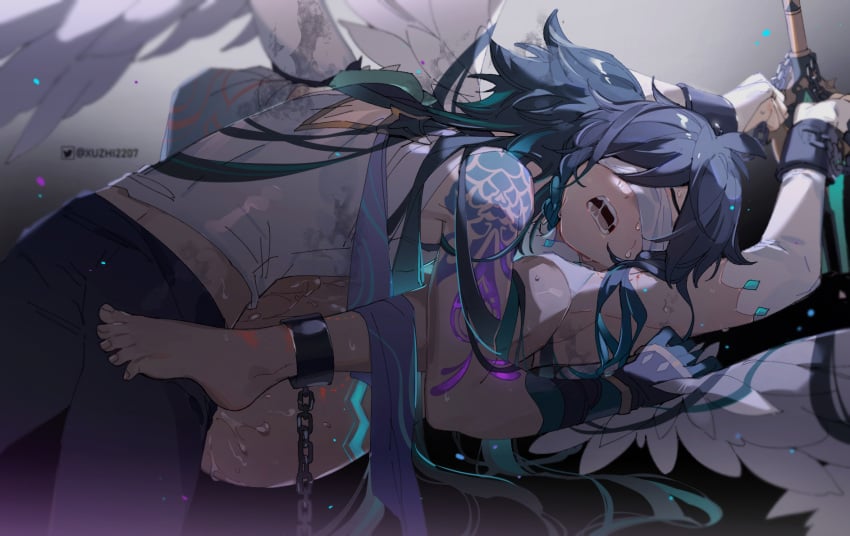 2boys anal aqua_hair black_hair black_pants blindfold bondage braid cum genshin_impact gradient_hair highres male_focus multicolored_hair multiple_boys open_mouth pants saliva sex shirt short_hair tattoo twin_braids venti_(archon)_(genshin_impact) venti_(genshin_impact) white_shirt wings xiao_(genshin_impact) yaoi zengzhi_zhixu