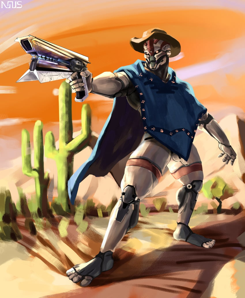 absurd_res casual desert destiny_(character) destiny_(video_game) exo firearm foreskin genitals gun handgun hi_res male male_only outerwear penis puncho ranged_weapon revolver robotic robotic_penis sunset sunshot weapon