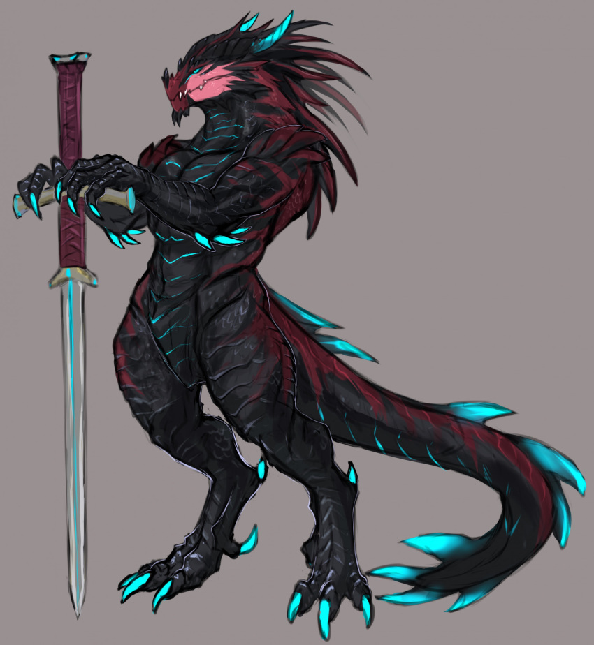 anthro claws dragon hi_res horn laobai looking_aside male male_only melee_weapon muscular mythological_creature mythological_scalie mythology scalie solo standing sword weapon