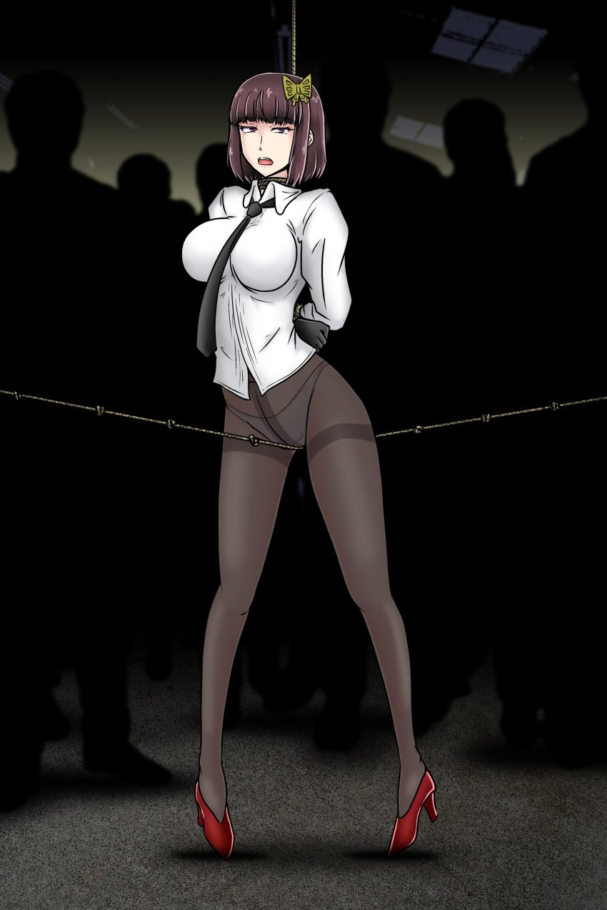 1girls akiko_yosano arms_behind_back black_gloves black_necktie blunt_bangs bob_cut bondage bound bound_arms breasts brown_hair bungo_stray_dogs butterfly_hair_ornament crotch_rope crotch_seam female female_focus full_body gloves hair_ornament high_heels kidnapped large_breasts looking_at_viewer no_pants open_mouth panties panties_under_pantyhose pantyhose purple_eyes red_footwear red_shoes restrained rope rope_around_neck short_hair solo_focus suspension tasuro_kuzuha underwear white_shirt