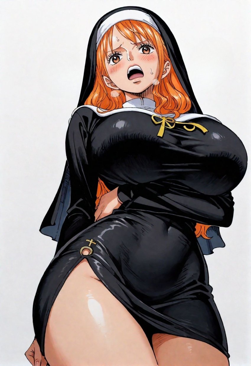 1girls ai_generated alluring almost_naked almost_nude blush female female_only long_hair looking_at_viewer nami nami_(one_piece) nun nun_hat nun_outfit one_piece orange_eyes orange_hair post-timeskip seducing seduction seductive seductive_body seductive_eyes seductive_gaze seductive_look seductive_mouth seductive_pose shiny_hair shiny_skin voluptuous voluptuous_female yashin