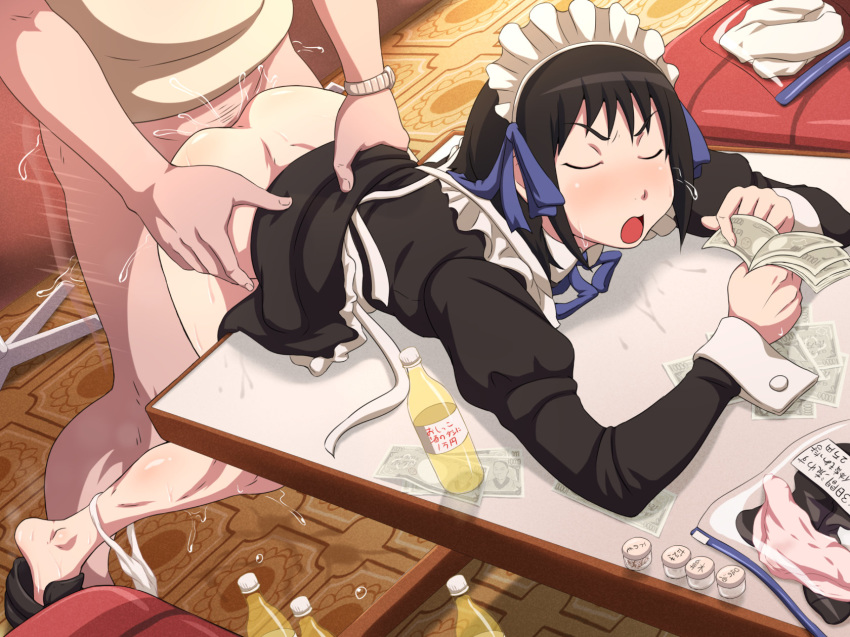 arashiyama_hotori ass bangs bent_over black_hair blush bottle bottomless closed_eyes clothed_sex clothing counting_money dimples_of_venus dress dress_lift feet female from_behind_position highres indoors legs long_sleeves lying maid maid_headdress maku_(l-u) moaning money on_stomach open_mouth panties panties_around_leg panties_removed prostitution sex shoes short_hair solo_focus soredemo_machi_wa_mawatteiru standing_sex sweat table thighs tiptoes underwear vaginal_penetration wrist_cuffs