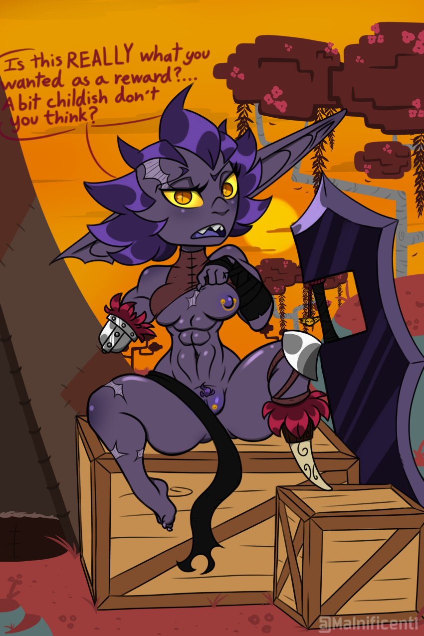 1boy 1girl ass black_skin breasts dark-skinned_female feet female goblin goblin_female malnificent missing_arm missing_leg monster monster_girl penis purple_hair pussy shortstack xh'arr