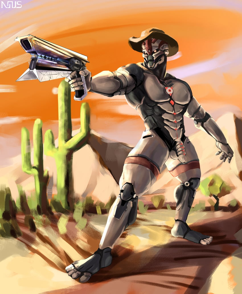 absurd_res casual desert destiny_(character) destiny_(video_game) exo firearm foreskin genitals gun handgun hi_res male male_only penis ranged_weapon revolver robotic robotic_penis sunset sunshot weapon