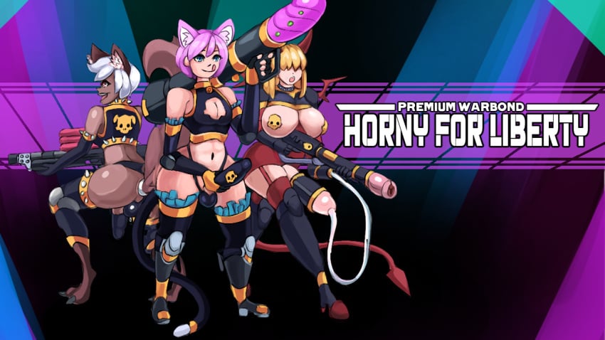 1futa 2boys animal_ears ass blue_eyes breasts brown_skin buttplug buttplug_tail cat_ears chromeflames cock_sleeve crop_top dildo dog_ears functionally_nude futanari gun helldivers helldivers_2 horns male pasties penis pink_hair red_eyes self_upload sex_toy simple_background tail white_hair