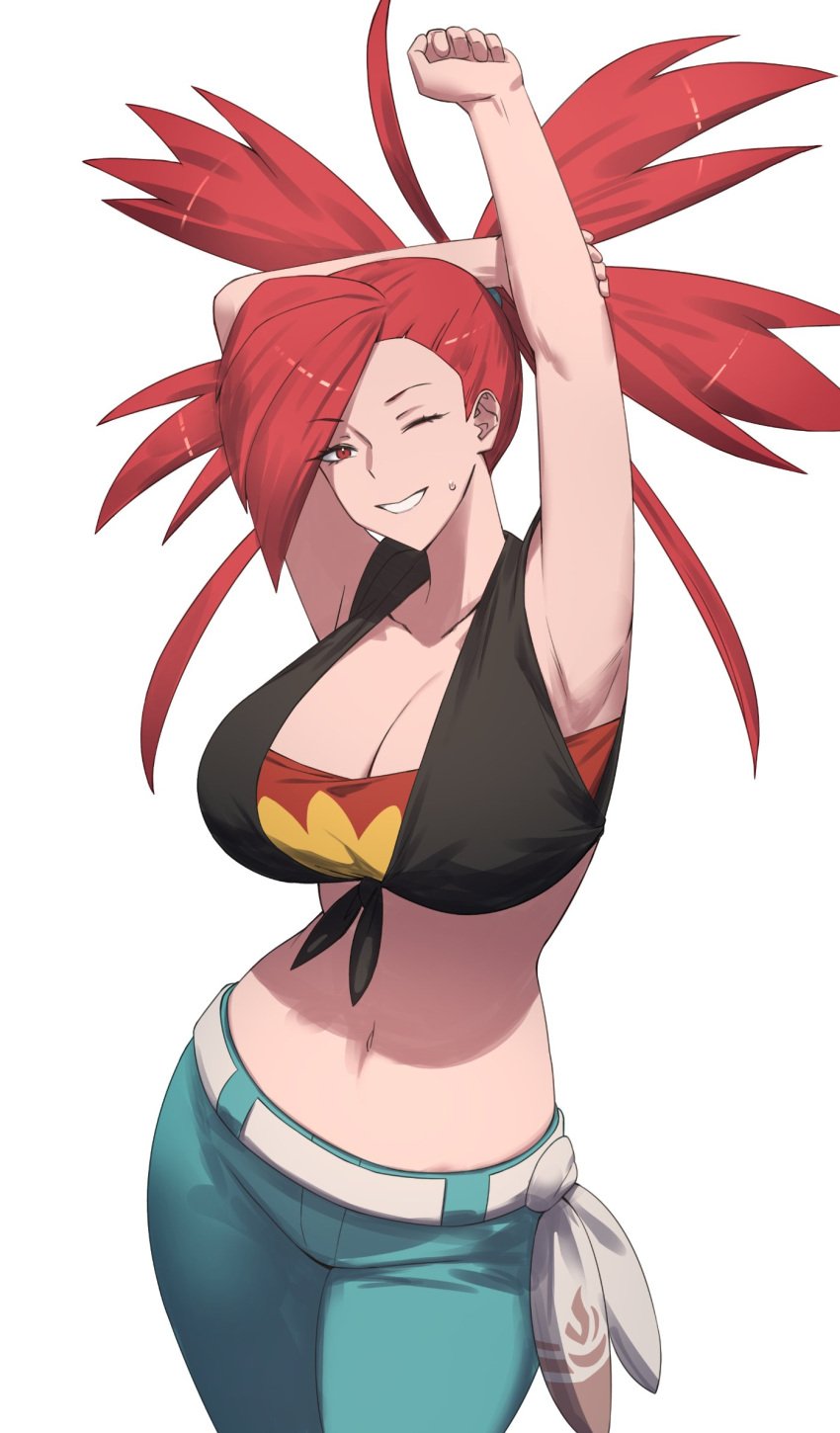 1girls armpits arms_behind_head breasts cleavage creatures_(company) crop_top female flannery_(pokemon) front-tie_top game_freak grey_background grin half-closed_eye highres large_breasts long_hair looking_at_viewer midriff navel nintendo one_eye_closed pokemon pokemon_oras ponytail red_eyes red_hair shirt shou_illust smile solo tied_shirt wink