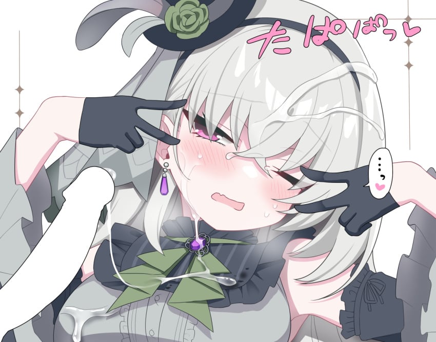 bare_shoulders black_gloves blue_archive blush breasts censored cum cum_on_body cum_on_breasts cum_on_clothes cum_on_hair detached_sleeves double_v earrings facial female flower frills gloves green_flower green_rose grey_hair halo hands_up hat idol idol_clothes jewelry large_breasts long_hair long_sleeves looking_at_viewer mini_hat mini_top_hat nun official_alternate_costume one_eye_closed open_mouth penis purple_eyes rose sakurako_(blue_archive) sakurako_(idol)_(blue_archive) shirt simple_background sleeveless solo_focus straight tatsuya_(trypaint) top_hat upper_body v white_background