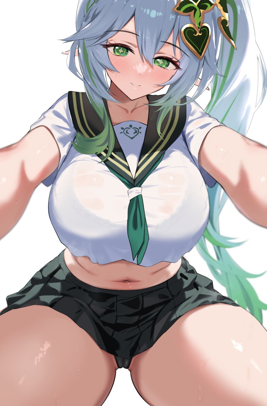 +_+ aged_up black_bra black_panties black_sailor_collar blush bra bra_visible_through_clothes breasts cameltoe closed_mouth commentary_request crop_top cropped_shirt cross-shaped_pupils female genshin_impact green_eyes green_hair green_neckerchief grey_hair haikeiyu hair_between_eyes head_tilt highres huge_breasts long_hair looking_at_viewer miniskirt nahida_(genshin_impact) navel neckerchief outstretched_arms panties pointy_ears pov sailor_collar see-through_clothes see-through_shirt shirt short_sleeves side_ponytail simple_background skirt smile solo stomach symbol-shaped_pupils thick_thighs thighs underwear white_background white_shirt