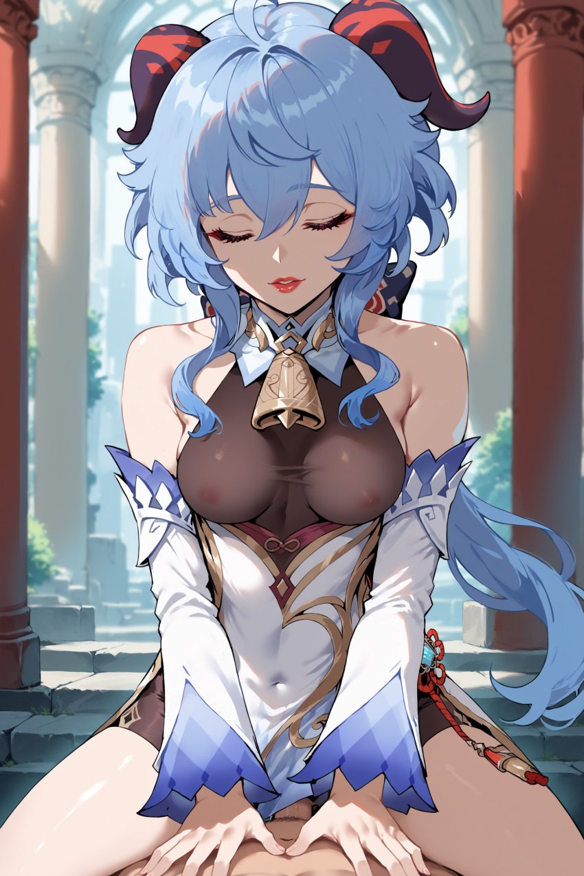 ai_generated blue_hair breasts closed_eyes clothed clothed_sex clothing clowenqq covered_penetration ganyu_(genshin_impact) genshin_impact hands hands_on_chest horns lips nipples_visible_through_clothing penis