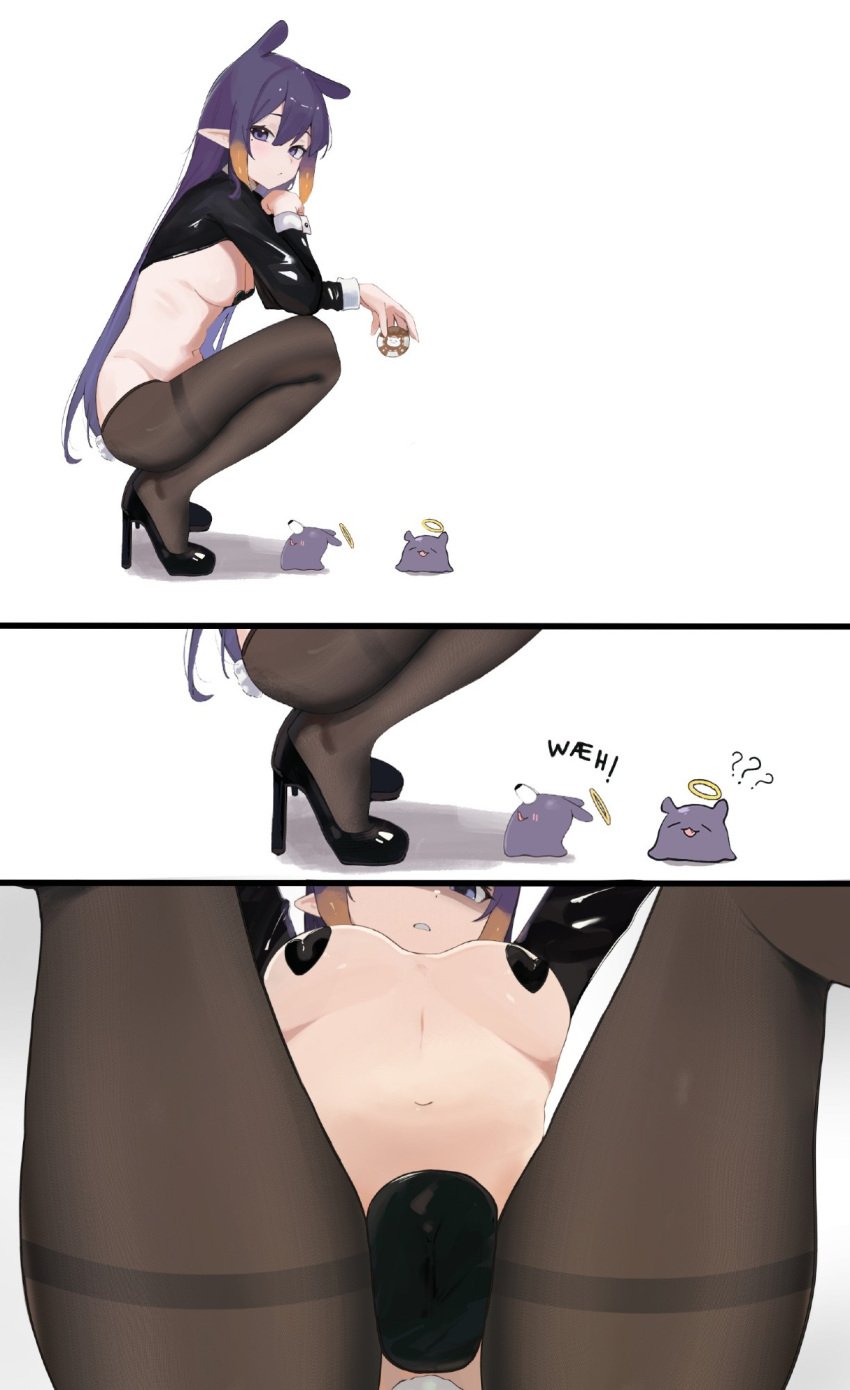 breasts buttplug covered_nipples covered_pussy hololive hololive_english hololive_myth ku_roiko looking_at_viewer looking_down low-angle_view ninomae_ina'nis pantyhose pasties reverse_bunnysuit roikopi virtual_youtuber vtuber