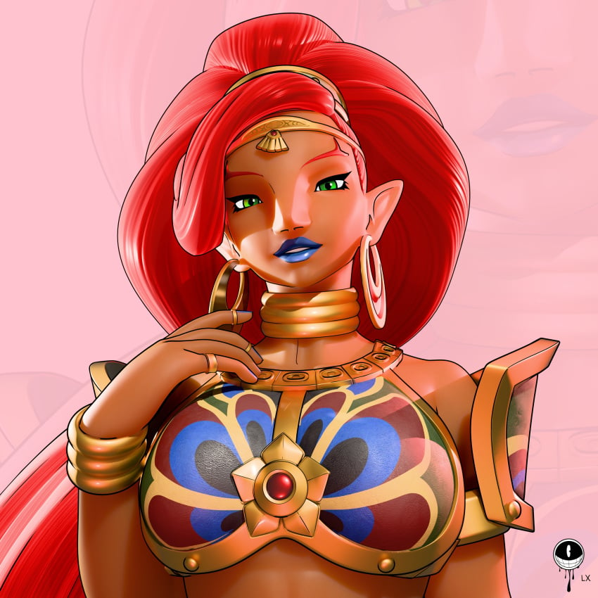 3d 3d_(artwork) 3d_model 3d_render armor armored_female athletic athletic_female big_nose blender blender3d blender_(artwork) blender_(software) blender_eevee blue_mouth bracelets brown-skinned_female brown_body brown_hair brown_skin bust bust_portrait busty busty_female dark-skinned_female dark_skin diadem earrings ebony female female_focus female_only gerudo gerudo_outfit green_eyes lips lipstick long_hair lx_art matriarch modeling muscular muscular_arms muscular_female necklace nintendo nintendo_switch pointed_ears red_eyebrows red_hair ring rings simple_background solo solo_female solo_focus tall_female taller_girl the_legend_of_zelda the_legend_of_zelda:_breath_of_the_wild urbosa warrior