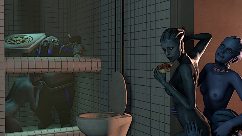 3d alien anal anilingus areola asari ass bathroom big_breasts blue_eyes blue_skin breasts closed_eyes eating erect_nipples erection fellatio female food garry's_mod knogg male mass_effect mass_effect_2 morinth nipple_piercing nipples nude oral oral_sex penis piercing pizza rimjob samara sex smile straight toilet video_games volus yuri