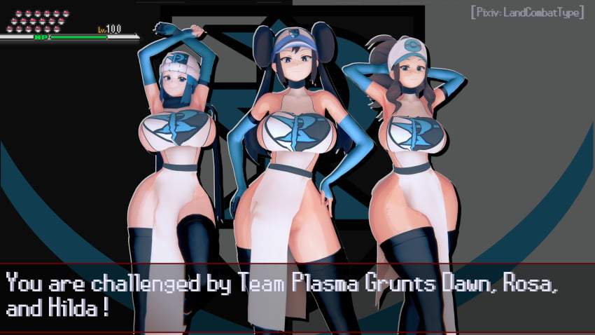 3girls 4k brown_hair_female corruption enemy_conversion female_only highres landcombattype pokemon pokemon_bw tabard team_plasma thighhighs thighs wide_hips