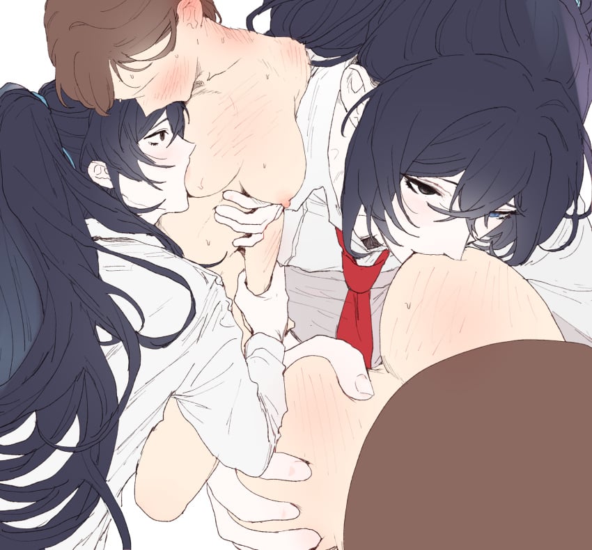 1boy black_hair blue_eyes breast_sucking clothed_male_nude_female dal-gi female grey_eyes heterochromia highres hong_lu hong_lu_(project_moon) limbus_company long_hair multiple_views nude ponytail project_moon shirt simple_background very_long_hair white_background white_shirt