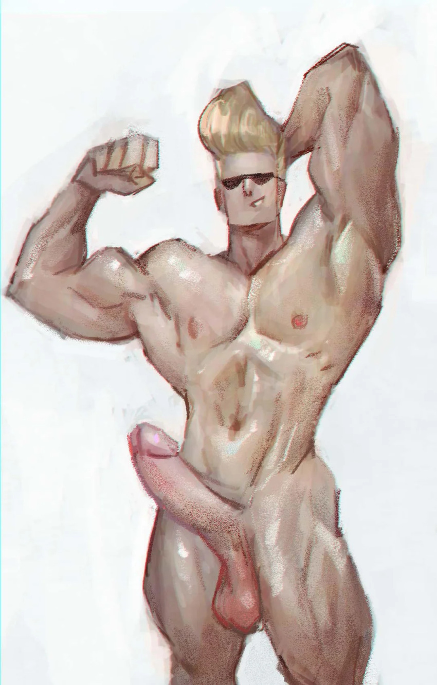 77tsutsu(artist) blonde_hair erect_penis johnny_bravo_(series) male_only muscular_male tagme