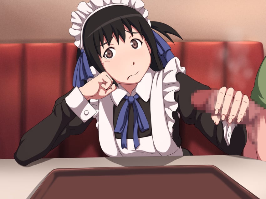 arashiyama_hotori bangs black_hair bottomless breasts brown_eyes censored chin_rest closed_mouth clothing female hair_ribbon handjob highres indoors looking_at_viewer maid maid_headdress maku_(l-u) mosaic_censoring penis ribbon short_hair side_ponytail sitting solo_focus soredemo_machi_wa_mawatteiru standing table