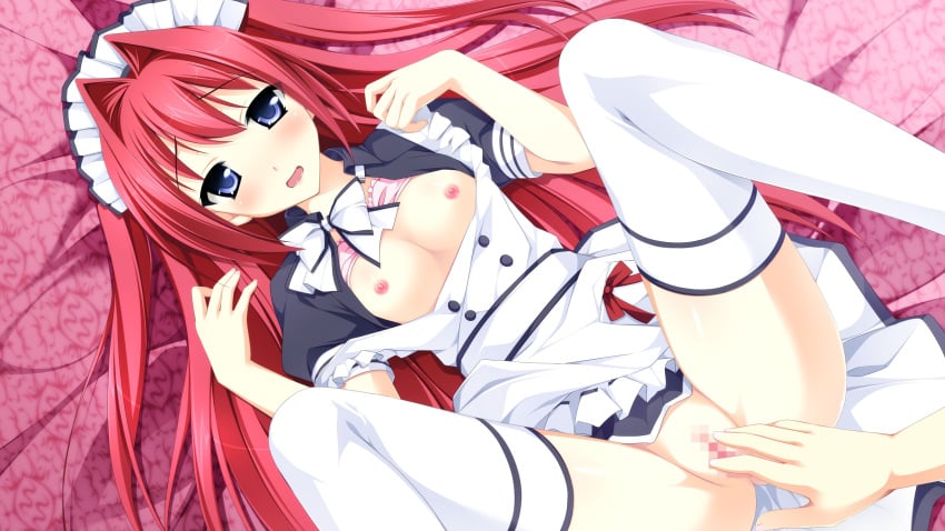 blue_eyes blush breasts female game_cg kimishima_ao maid ootori_rena otome_ga_tsumugu_koi_no_canvas otome_ga_tsumugu_koi_no_canvas_futari_no_gallery pussy red_hair thighhighs white_legwear