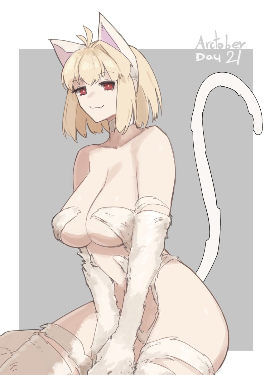 absurdres ahoge animal_ears animal_hands antenna_hair arcueid_brunestud blonde_hair breasts cat_ears cat_girl cat_tail cleavage cosplay darkstalkers felicia_(darkstalkers) felicia_(darkstalkers)_(cosplay) female hair_intakes highres jonyeld large_breasts looking_at_viewer red_eyes short_hair smile solo tail tsukihime white_fur