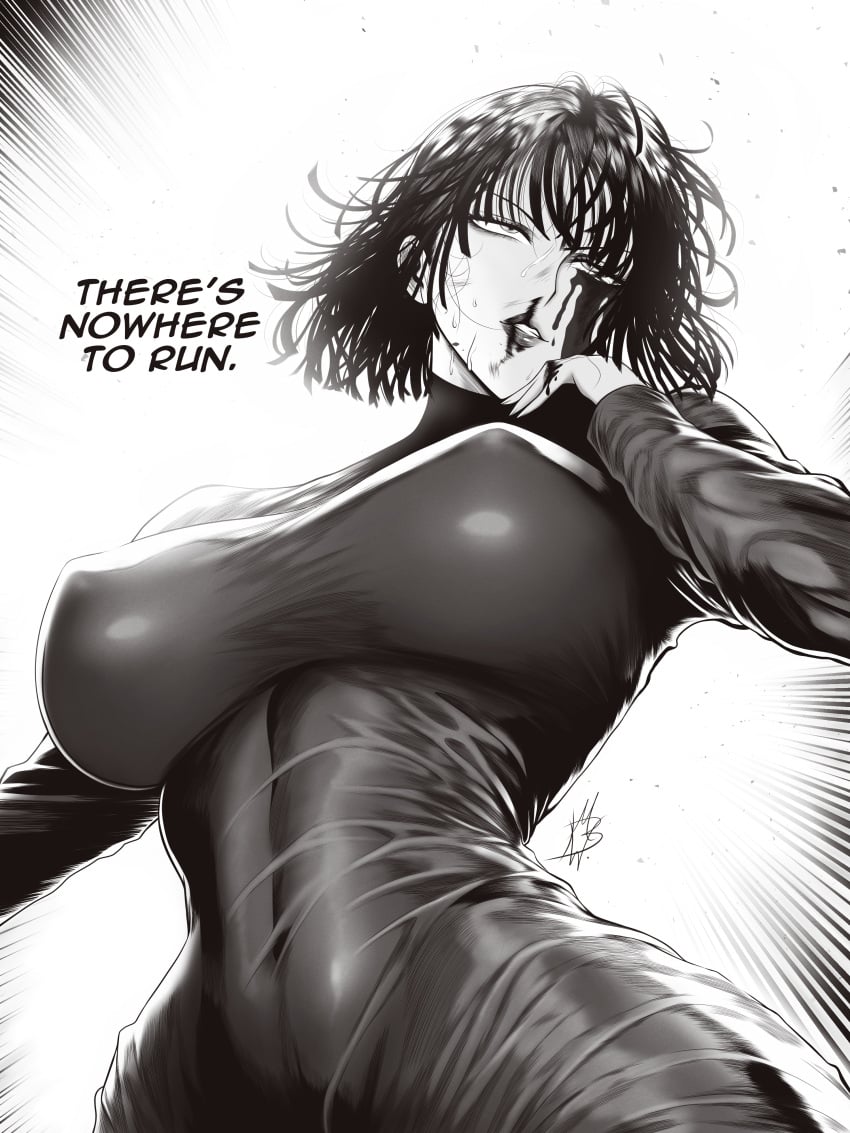 1girls big_breasts black_hair blood blood_on_face clothed clothing color english_text female female_focus female_only fubuki_(one-punch_man) hi_res large_breasts light-skinned_female light_skin mostlybluewyatt nipples_visible_through_clothing one-punch_man short_hair solo solo_female tagme text thick_thighs