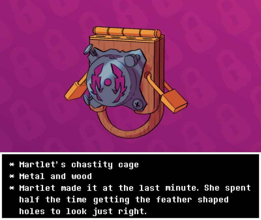 chastity_cage chastity_cage_only chastity_device chastity_device_only dracozhilla english_text female lock locktober martlet_(undertale_yellow) nude stylized_chastity_cage text undertale_yellow zero_pictured