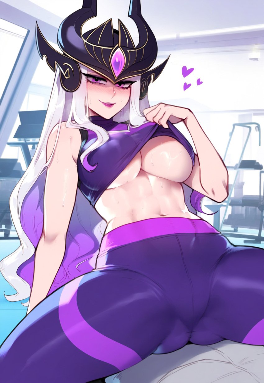 1female 1girls ai_generated anemoi blush breasts female front_view gym gym_clothes gym_clothing gym_uniform headgear headwear league_of_legends leggings_down lifted_by_self long_hair looking_at_viewer midriff navel riot_games solo solo_focus spoken_heart sports_bra sportswear sweat sweatdrop sweaty sweaty_body syndra teasing teasing_viewer toned toned_female white_hair workout_clothes workout_clothing yoga_pants