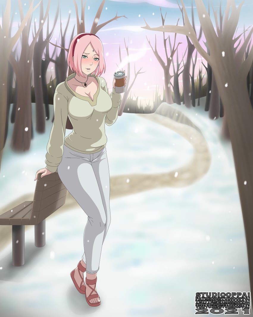 1girls 2021 absurdres bench blush breasts choker cleavage coffee coffee_cup feet female full_body green_eyes high_resolution highres holding_object large_breasts light-skinned_female light_skin naruto naruto:_the_last naruto_(series) naruto_shippuden naughty_face no_bra open_mouth outdoors pants pendant pink_hair queen_of_spades sakura_haruno sandals short_hair snow solo steam studio_oppai sweater teasing teasing_viewer watermark white_skin