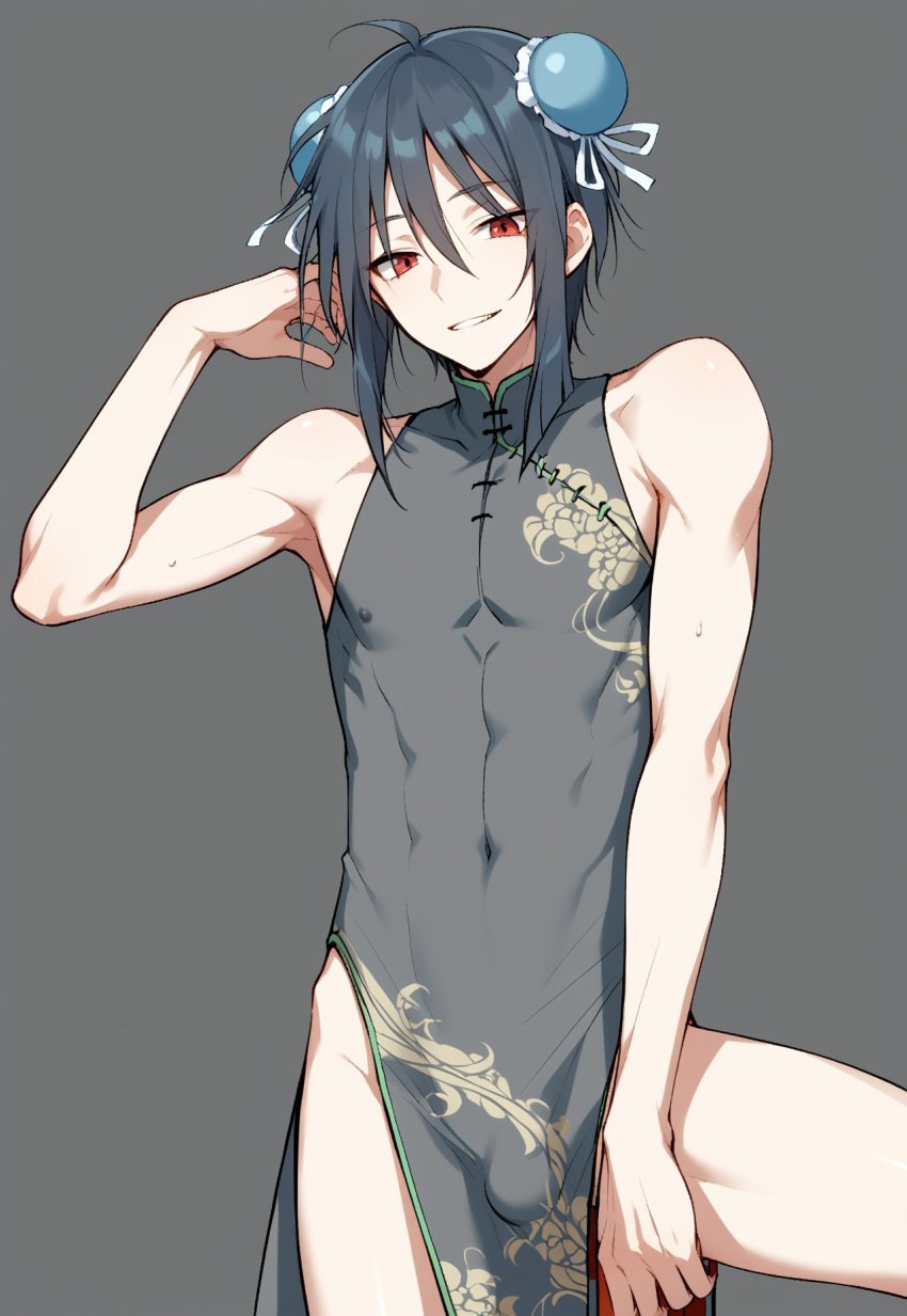 1boy 1femboy ai_generated bare_arms black_hair bulge chinese_clothes covered_navel covered_nipples femboy genderswap_(ftm) maha_no_hanashi male male_only masa_works_design milua red_eyes rule_63 self_upload seryl-claude_les_elizabeth smile solo solo_male tagme