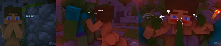 1boy 1femboy 3boys big_ass blowjob blue_eyes brown_hair comic_panel cum_on_face erection fearful_expression gangbang gay lewdnikko male_on_femboy male_on_male mine-imator minecraft precum_drip red_eyes zombie_(minecraft)