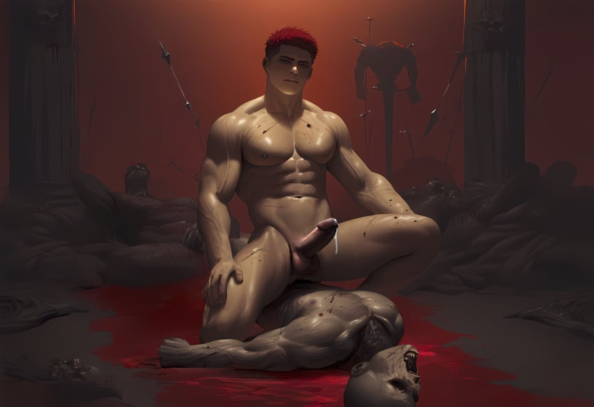 abs ai_generated biceps blood corpse cuts_on_chest cuts_on_thighs dominant_human dominant_male dystopian erect_penis erection gay ginger hand_on_thigh handsome_man jeepguyinsd kneeling kneeling_on_one_leg male male_focus male_nipples male_only muscle muscles muscular muscular_human muscular_male necromancer original pecs precum precum_drip precum_string red_hair red_head scars_all_over smooth_balls smooth_chest trapezius uncensored