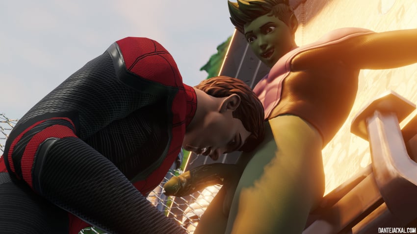 2boys beast_boy blowjob bottomless cum dantejackal drooling erection fortnite gay green_skin male_focus male_only outdoors penis peter_parker spider-man spider-man_(series) yaoi