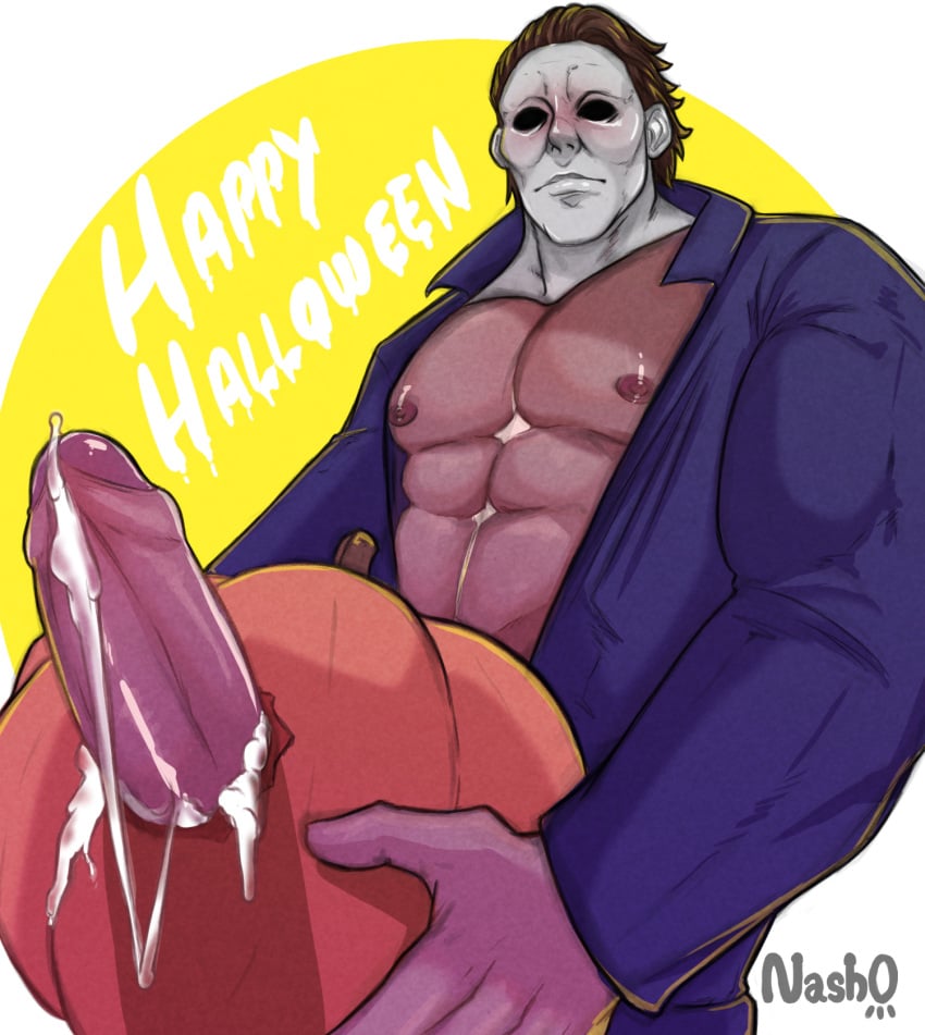 bara big_penis cum erection fucking_pumpkin genital_fluids golewdgo halloween halloween_(series) male male_nipples male_only michael_myers muscular_male nipples orgasm penis pumpkin pumpkin_masturbation