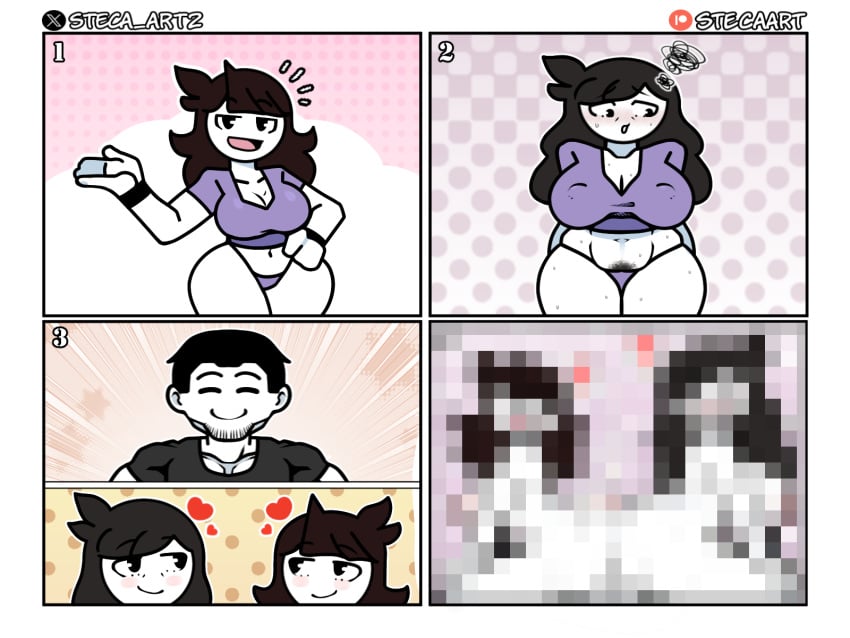 1boy 4koma accurate_art_style black_hair blush breasts brown_hair censored cleavage clothing colored_skin comic crop_top fat female female_pubic_hair heart jaiden jaiden_(jaiden_animations) jaiden_animations jaidenanimations jaidens_mom large_breasts long_hair looking_at_another male midriff mosaic_censoring mother_and_daughter navel open_mouth oyakodon pantsu plump pubic_hair purple_panties sexually_suggestive shirt smile steca thelazyart thick_thighs thighs tight_shirt underwear white-skinned_female youtube youtuber youtuber_girl youtubers