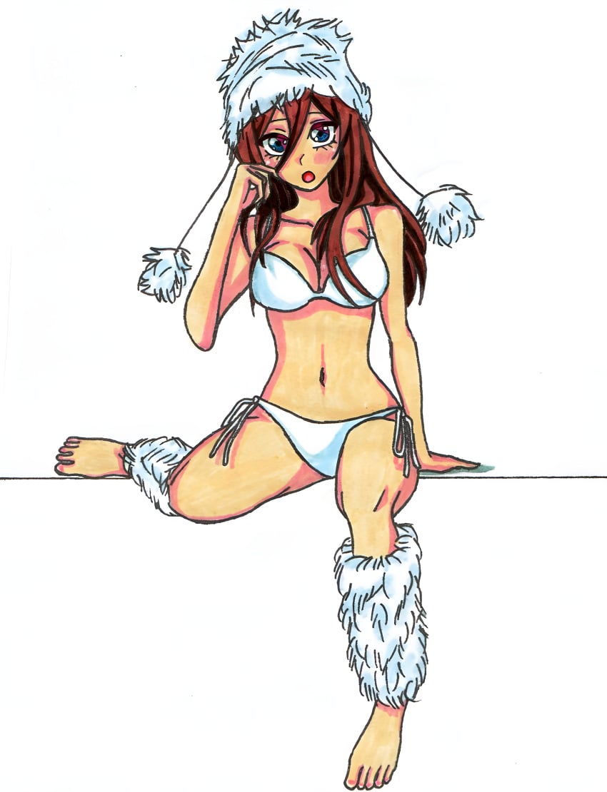 barefoot blush bra brunette feet go-toubun_no_hanayome hair hat medium_breasts nakano_miku panties pompoms shy swimsuit toes underwear warmers white_bra white_legwear white_panties winter